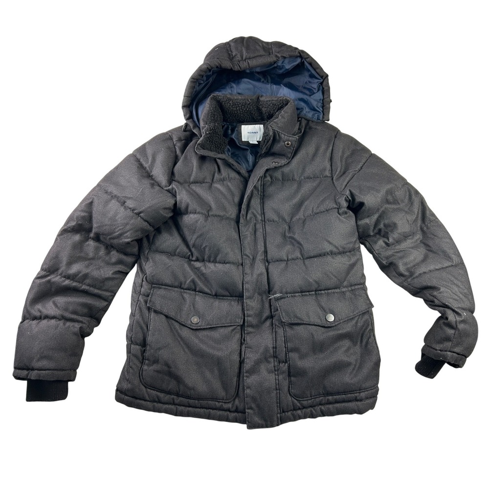 Old Navy Puffer Jacket Hooded Full Zip Gray Plaid Winter Warm Women's Small